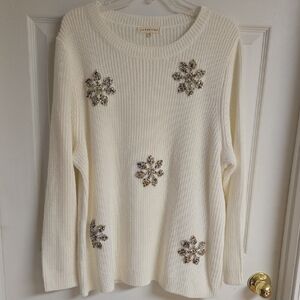 White Ribbed Sweater with Snowflake Accents